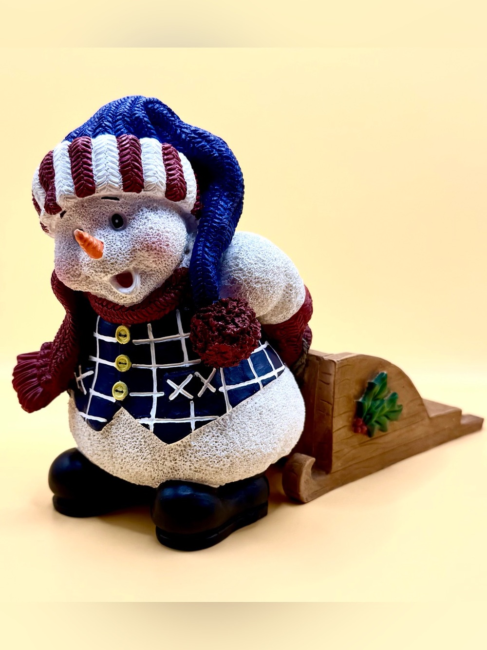 Festive Snowman with Wooden Sled - Red, Navy, White